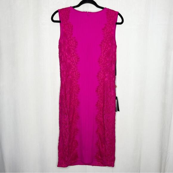 TADASHI SHOJI / bright pink lace block paneled pintuck cocktail dress / L - Picture 2 of 8